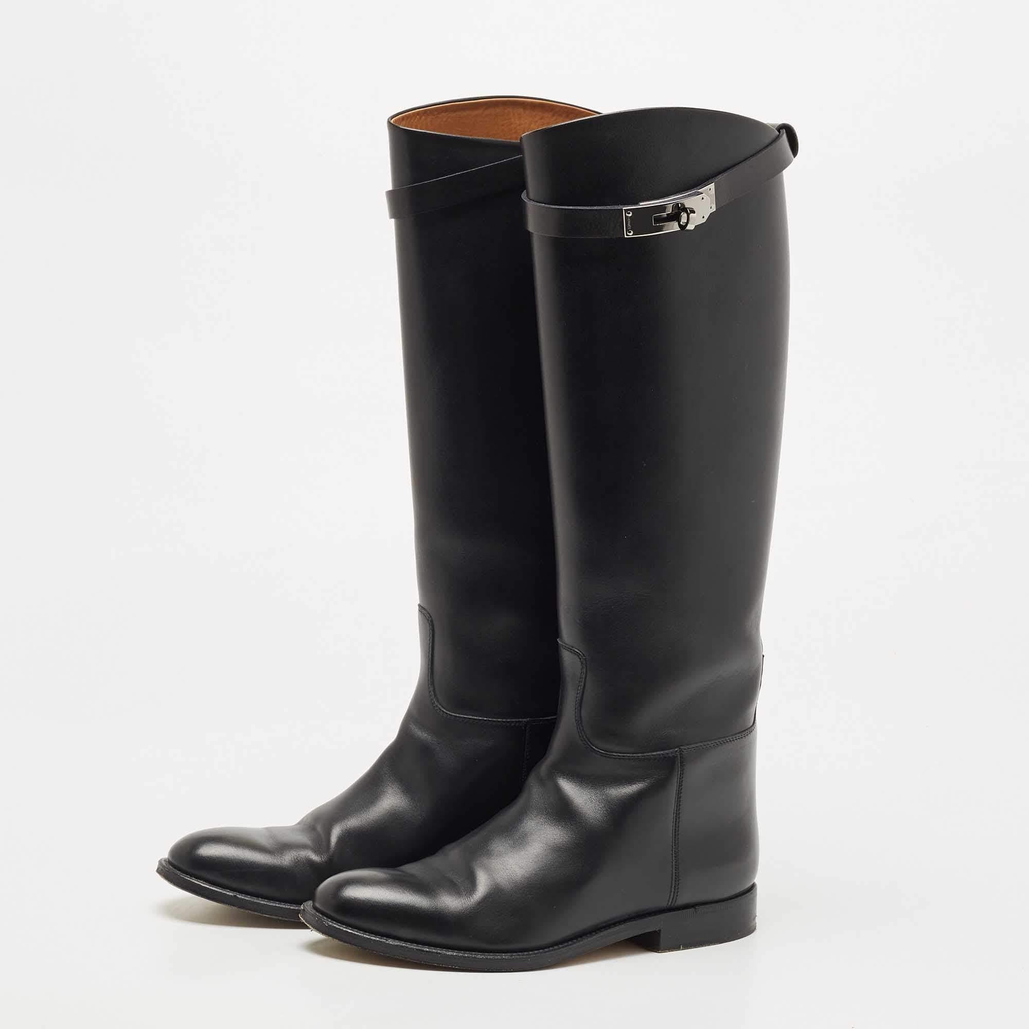 Women's Hermes Black Leather H Jumping Knee Length Boots Size 37