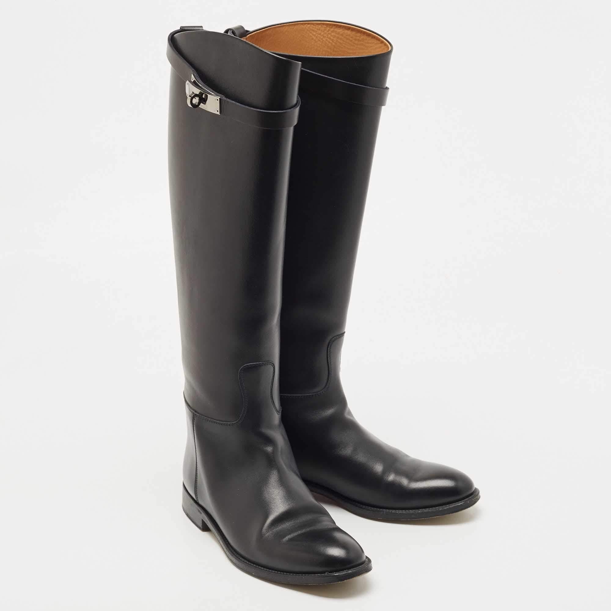 Hermes Black Leather H Jumping Knee Length Boots Size 37 1