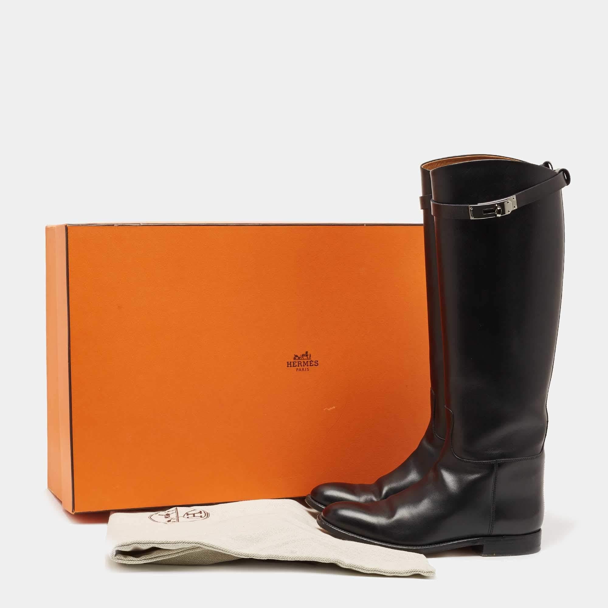 Hermes Black Leather H Jumping Knee Length Boots Size 37 4