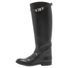 Hermes Black Leather H Jumping Knee Length Boots Size 37