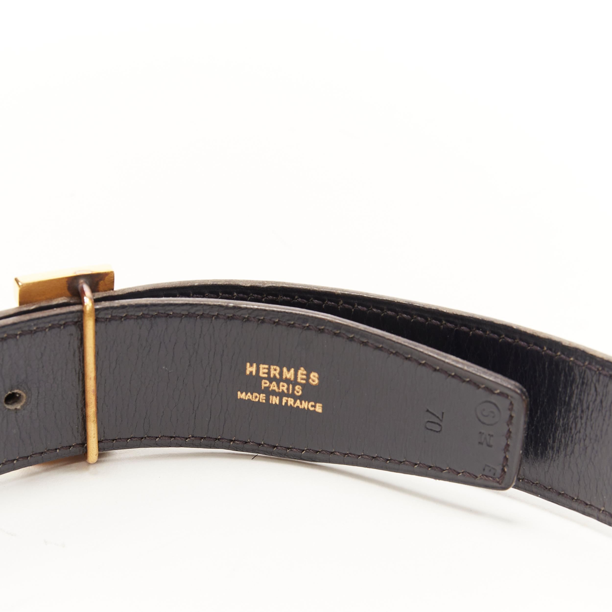 Black HERMES black leather hammered gold-tone H metal buckle leather belt FR 70