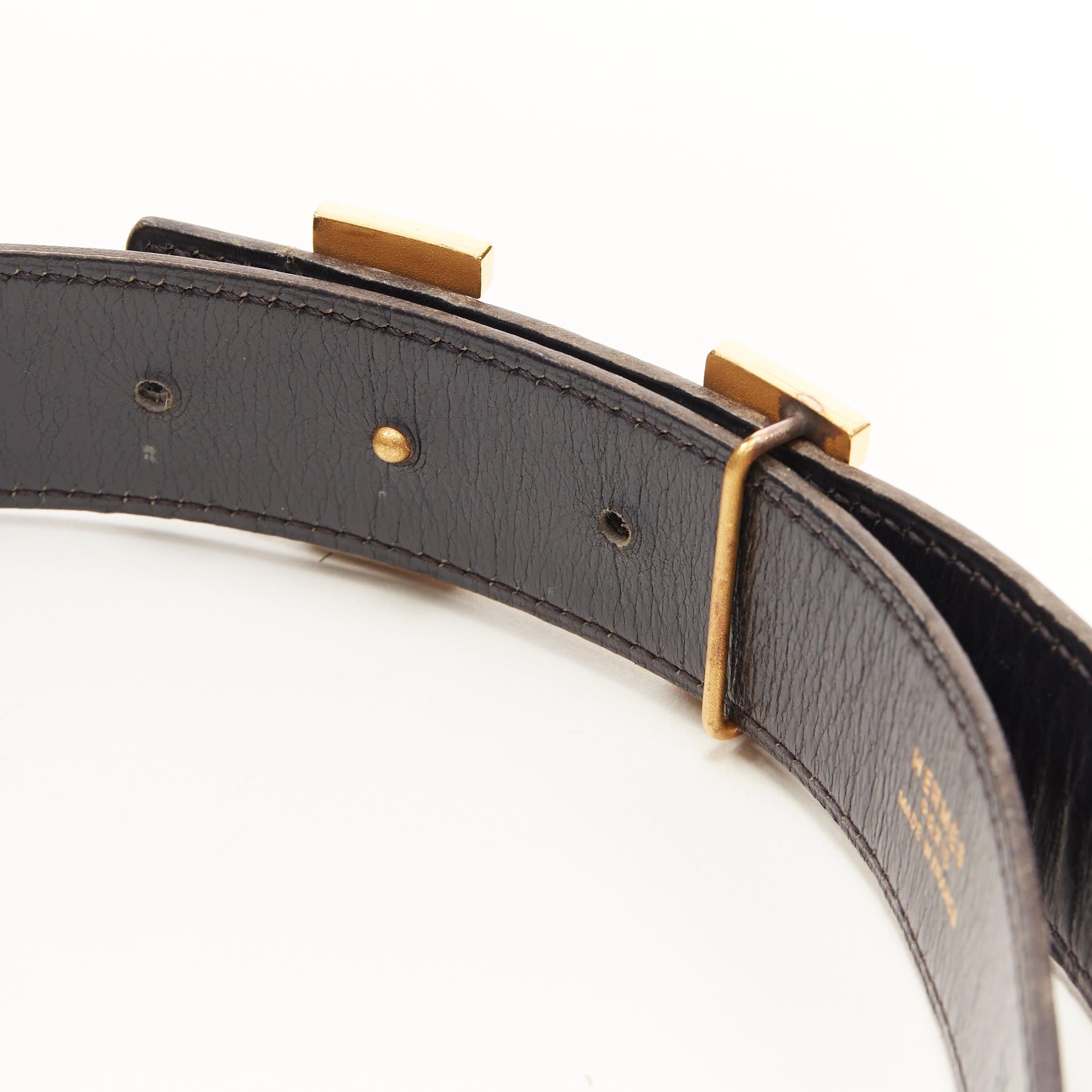 Women's HERMES black leather hammered gold-tone H metal buckle leather belt FR 70
