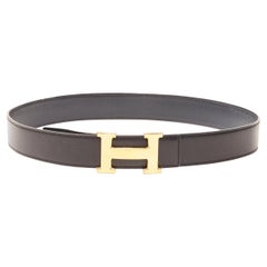 HERMES black leather hammered gold-tone H metal buckle leather belt FR 70