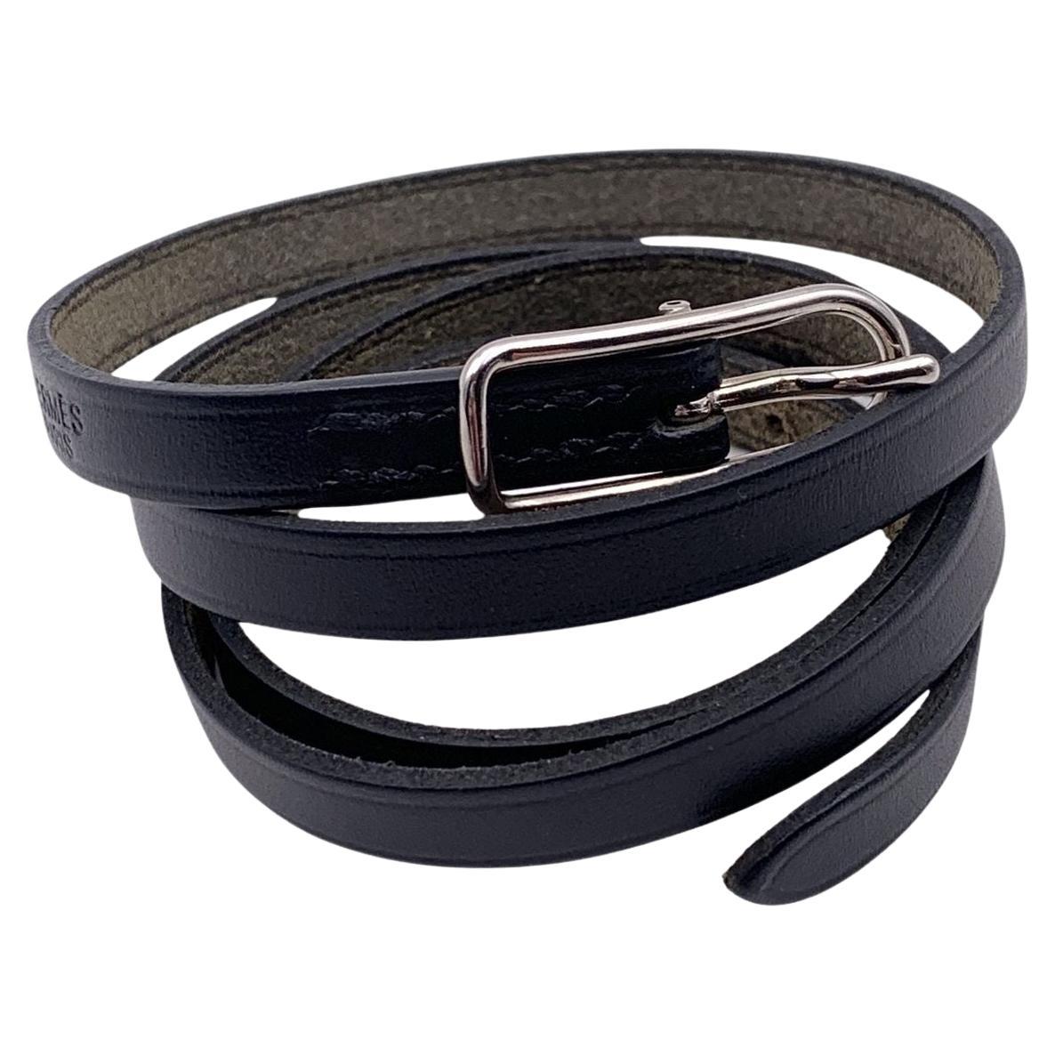 Hermes Black Leather Hapi 4 Quad Tour Belt Bracelet Palladium Buckle For Sale