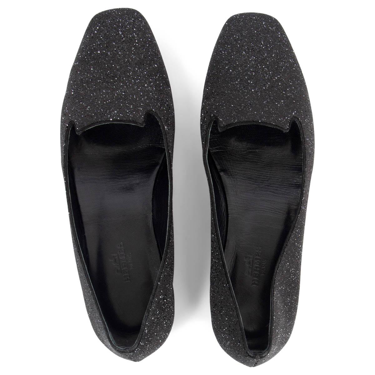 Black HERMES black leather HOLLY GLITTER Loafers Shoes 37.5 For Sale