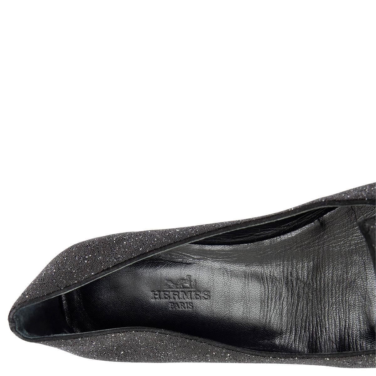 HERMES black leather HOLLY GLITTER Loafers Shoes 37.5 In Excellent Condition For Sale In Zürich, CH