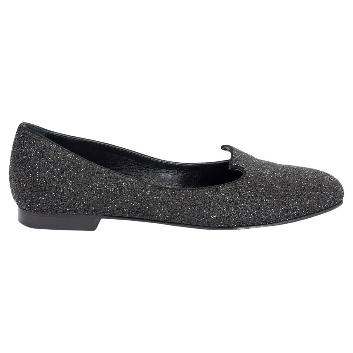 HERMES black leather HOLLY GLITTER Loafers Shoes 37.5 For Sale