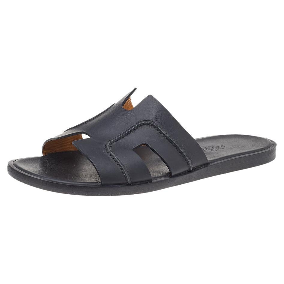 Hermes Black Leather Izmir Flat Slide Sandals Size 42