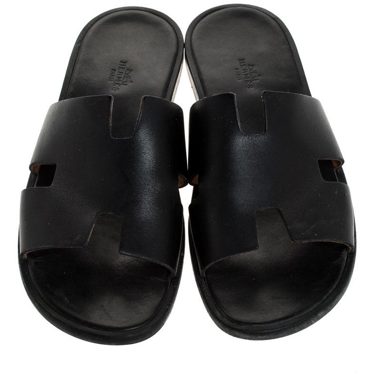 Hermes Black Leather Izmir Flat Slides Size 43 For Sale at 1stDibs
