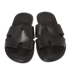 Hermes Black Leather Izmir Slide Sandals Size 42