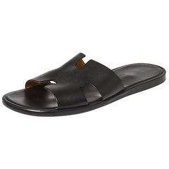 Hermes Black Leather Izmir Slide Sandals Size 42