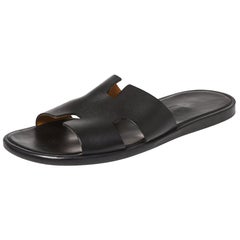 Hermes Schwarz Leder Izmir Slide Sandalen Größe 42