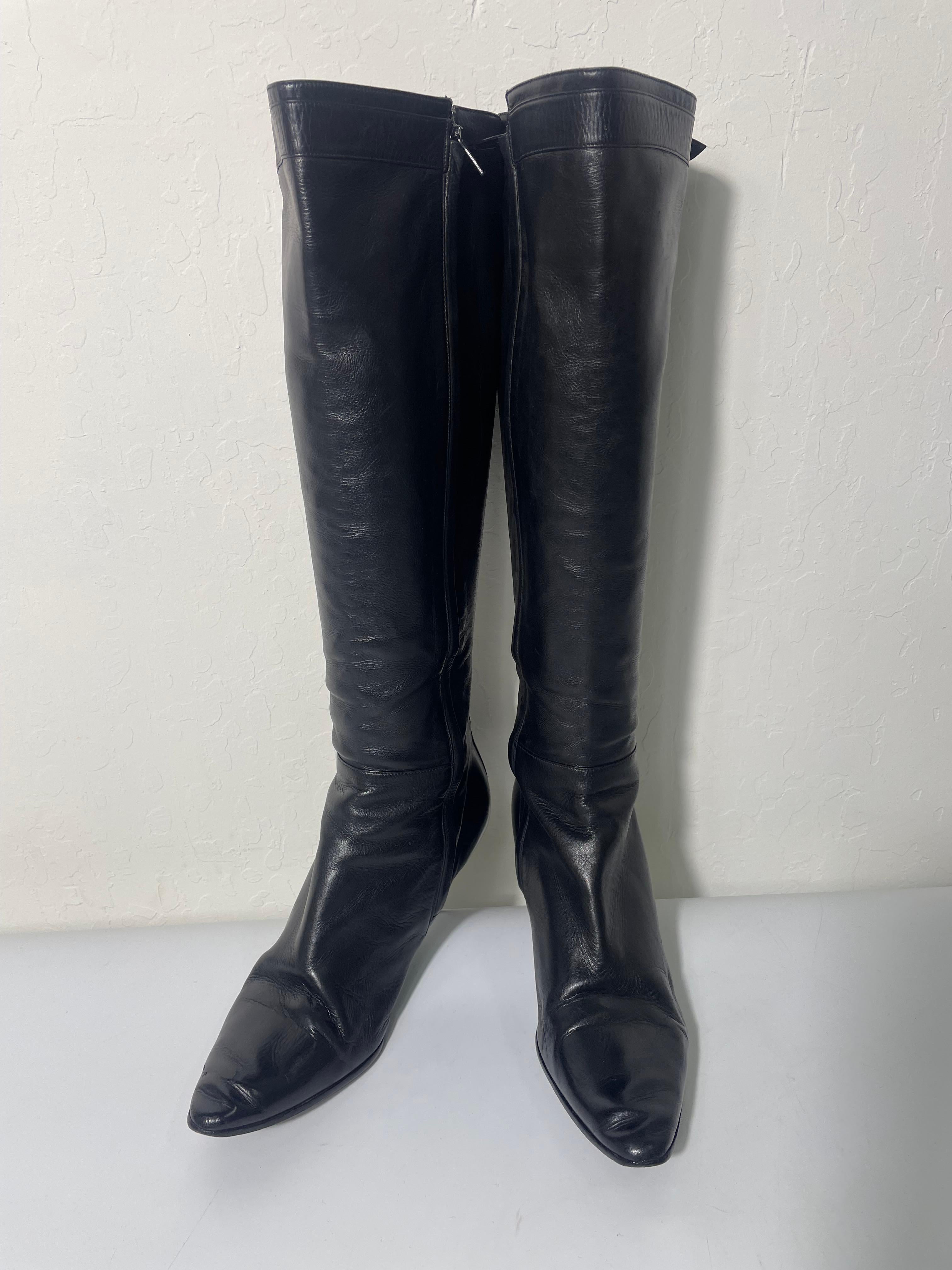 Hermes Black Leather Knee High Boots Buckle Detail Size 40 For Sale 6