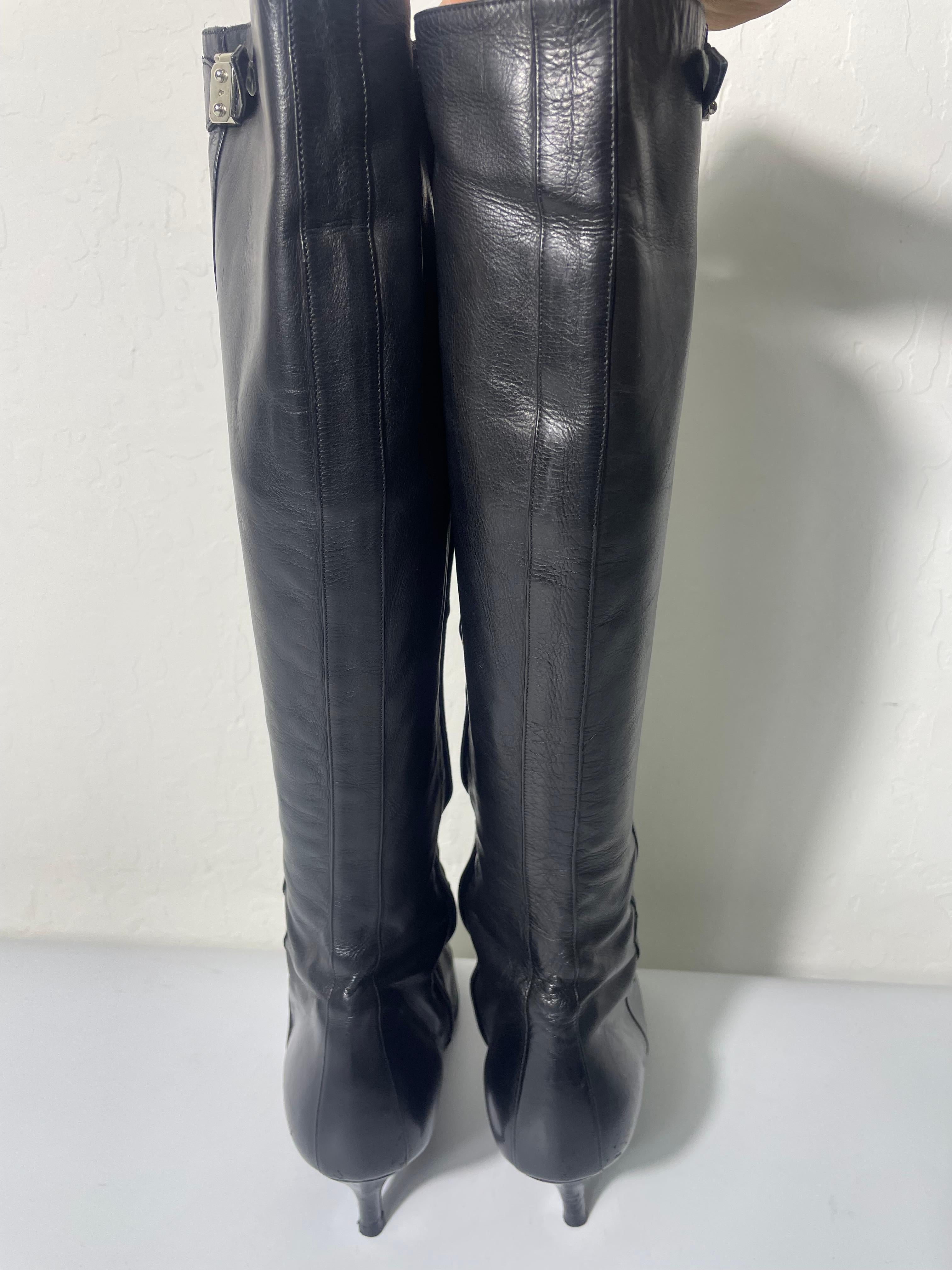Hermes Black Leather Knee High Boots Buckle Detail Size 40 For Sale 1