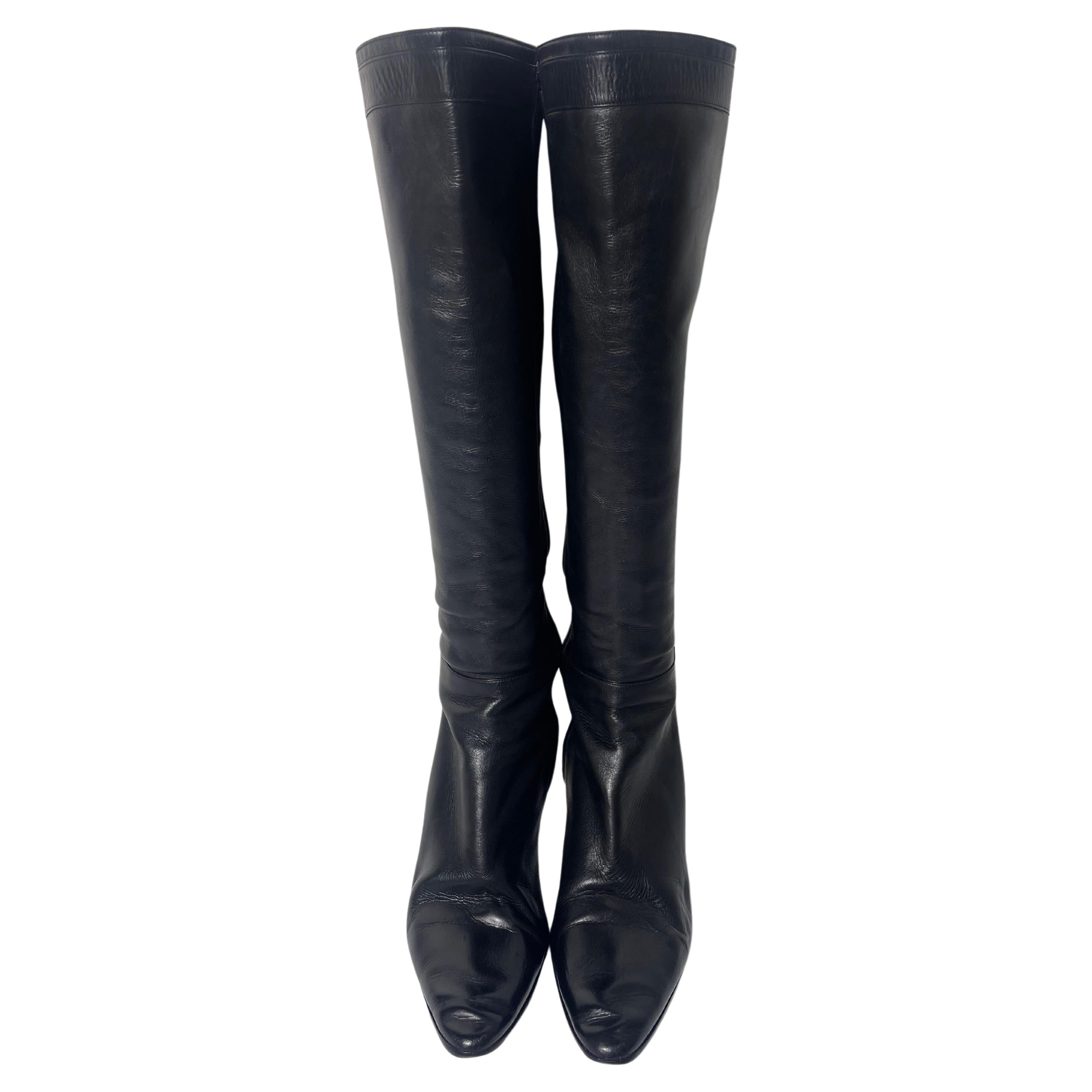 Hermes Black Leather Knee High Boots Buckle Detail Size 40 For Sale