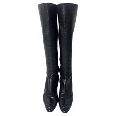 Hermes Black Leather Knee High Boots Buckle Detail Size 40