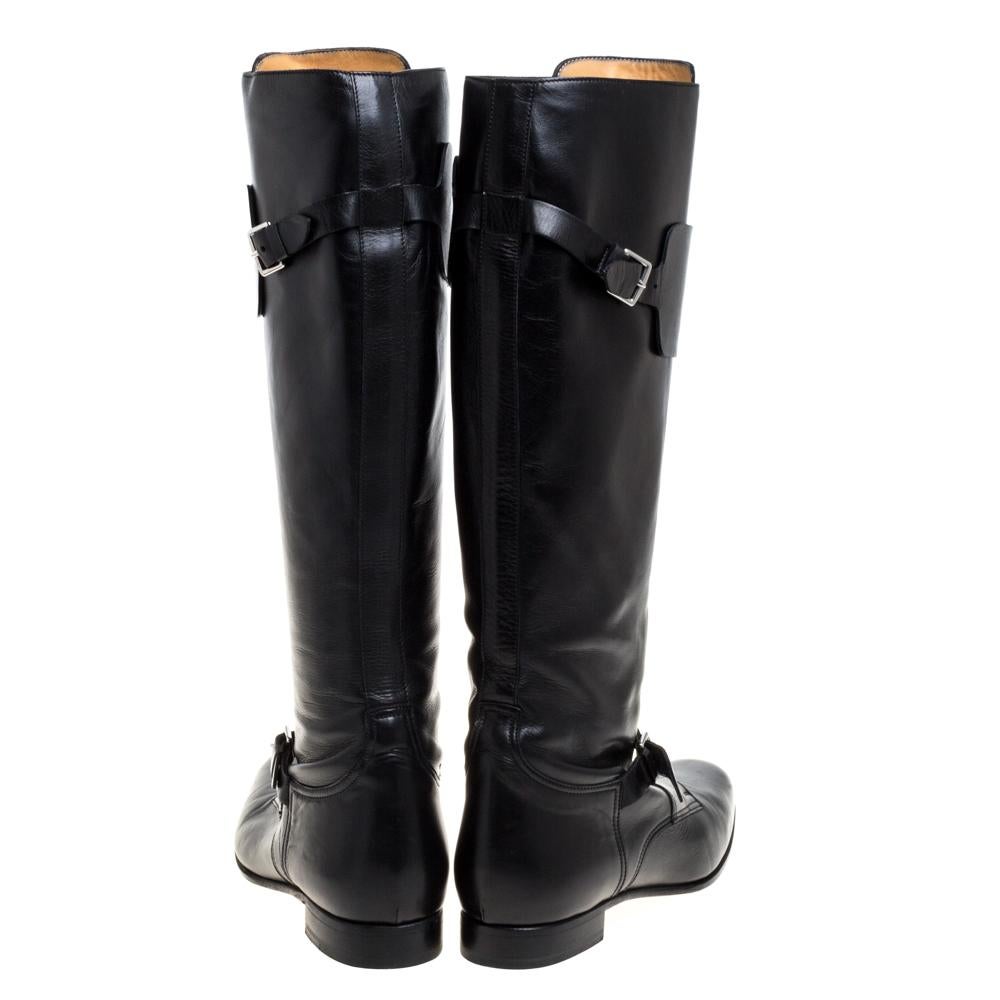 Hermes Black Leather Knee Length Boots Size 37 In Good Condition In Dubai, Al Qouz 2