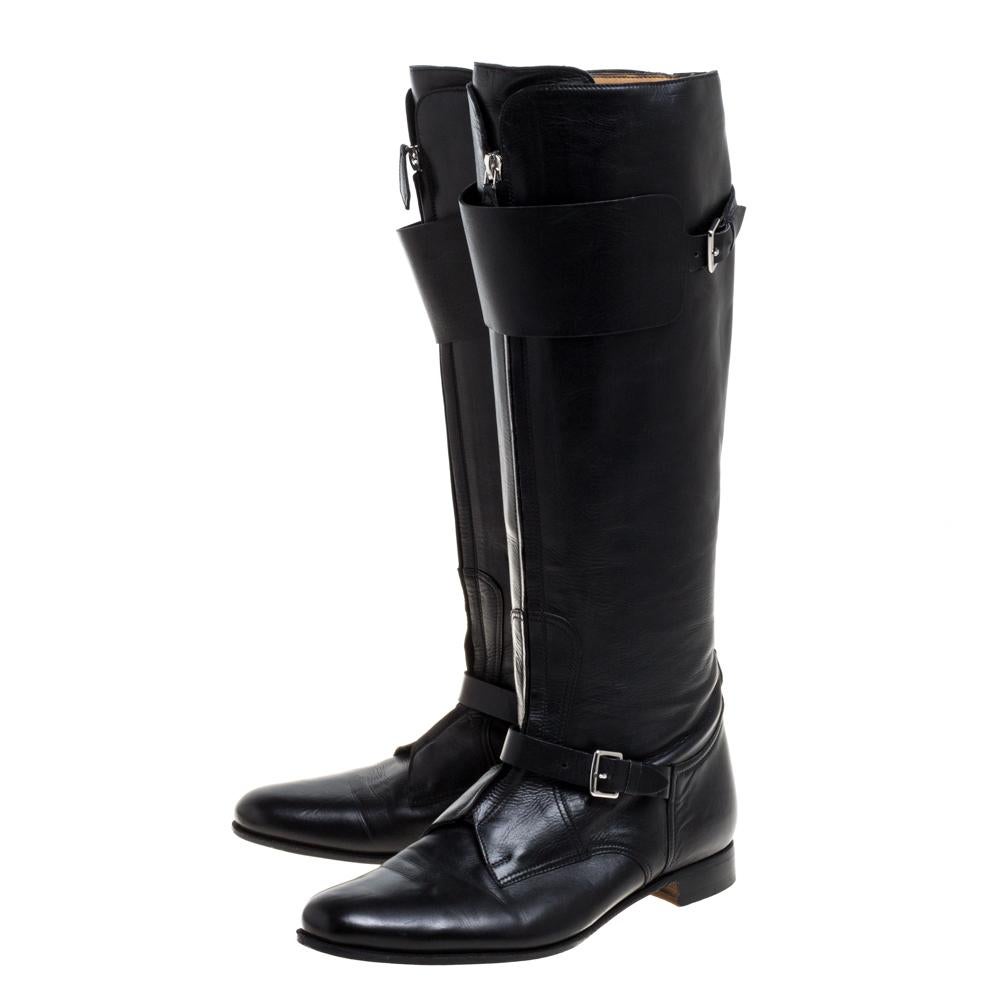 Hermes Black Leather Knee Length Boots Size 37 1