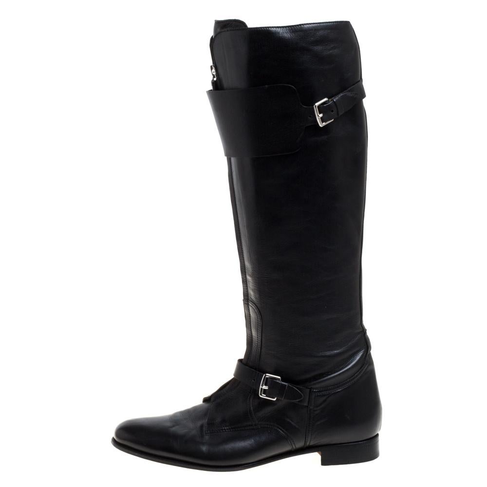 Hermes Black Leather Knee Length Boots Size 37 3