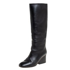 Used Hermes Black Leather Knee Length Boots Size 38