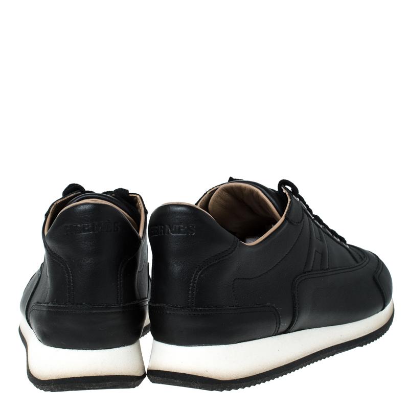Hermes Black Leather Lace Up Low Top Sneakers Size 41 In Good Condition In Dubai, Al Qouz 2