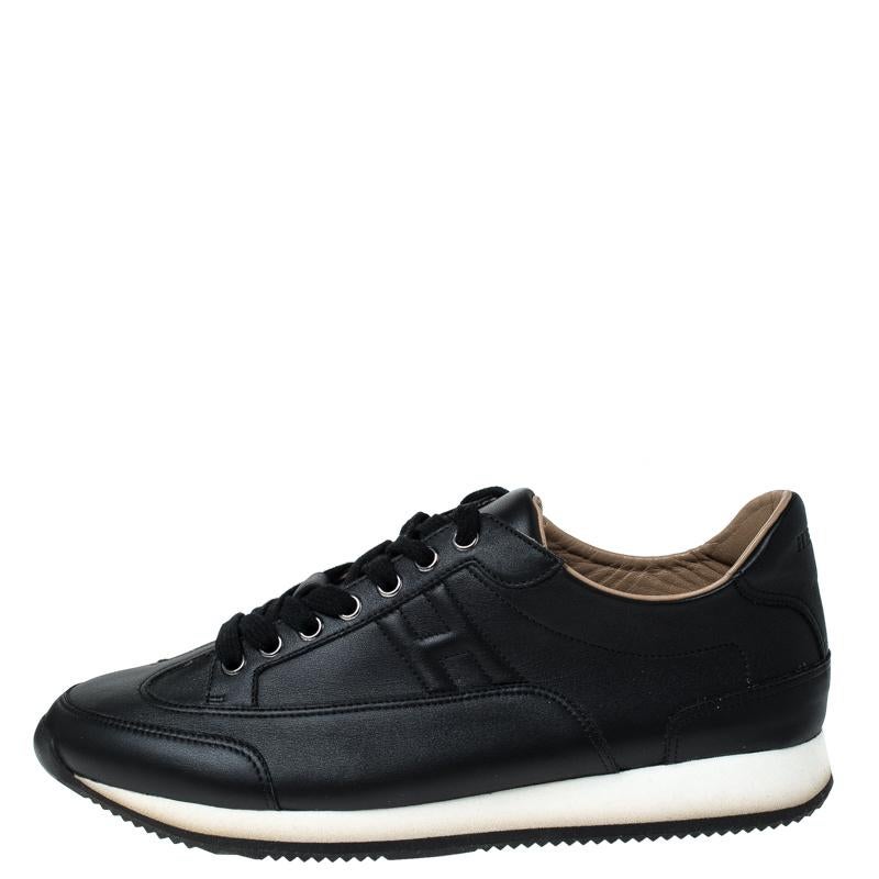 Hermes Black Leather Lace Up Low Top Sneakers Size 41 1