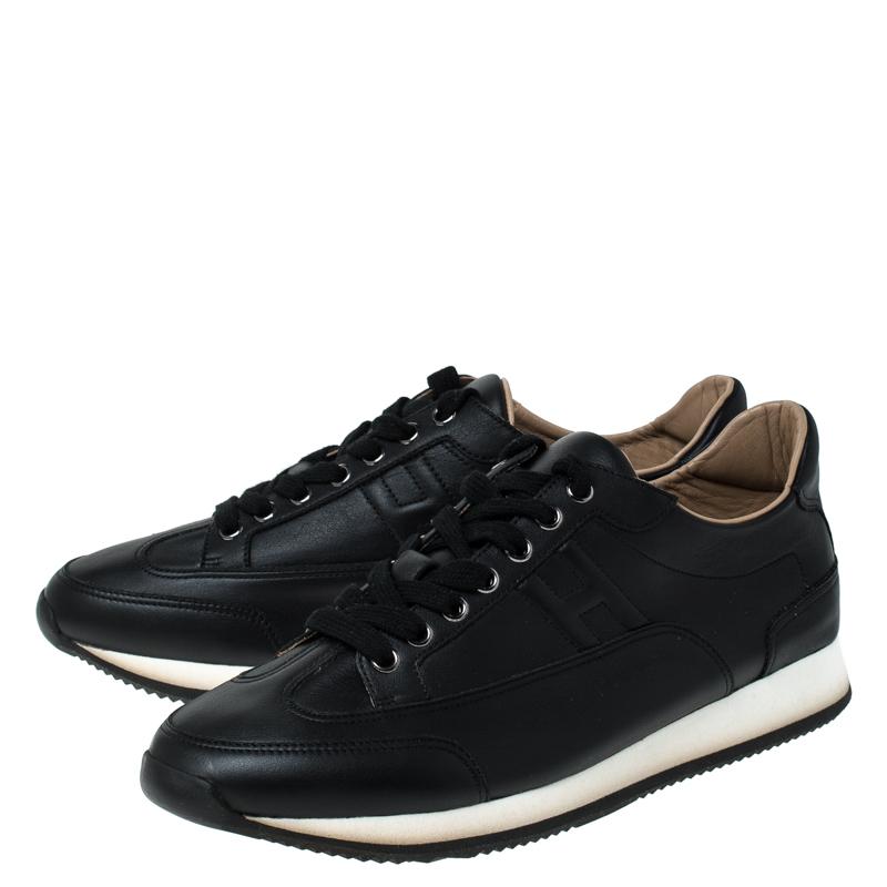 Hermes Black Leather Lace Up Low Top Sneakers Size 41 2