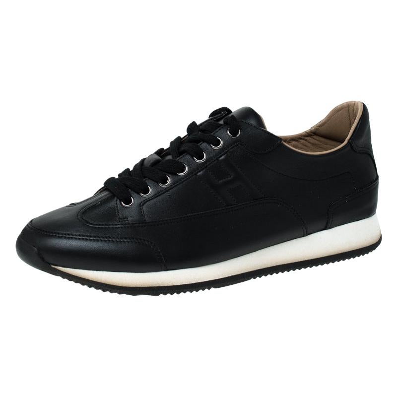 Hermes Black Leather Lace Up Low Top Sneakers Size 41