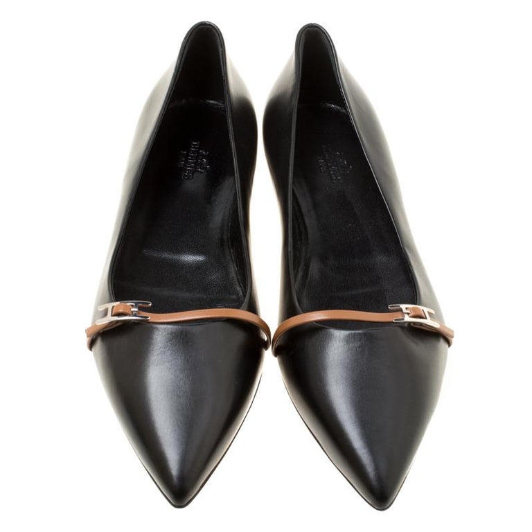 Hermes Black Leather Laura Pointed Toe Ballet Flats Size 40 For Sale at ...