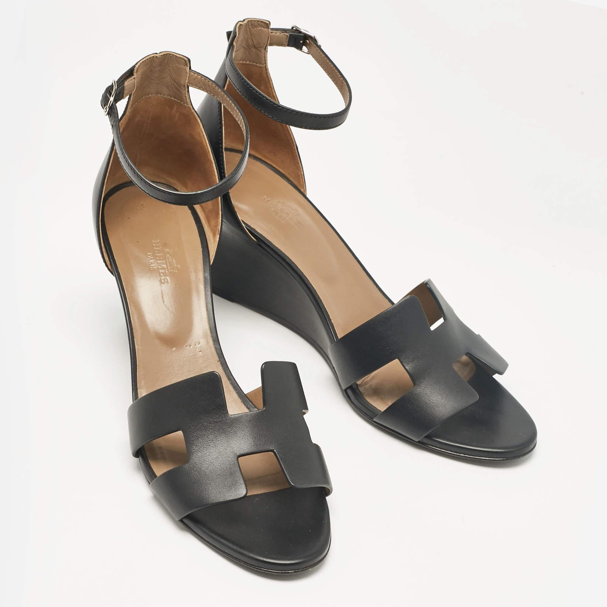 Women's Hermes Black Leather Legend Wedge Sandals Size 42