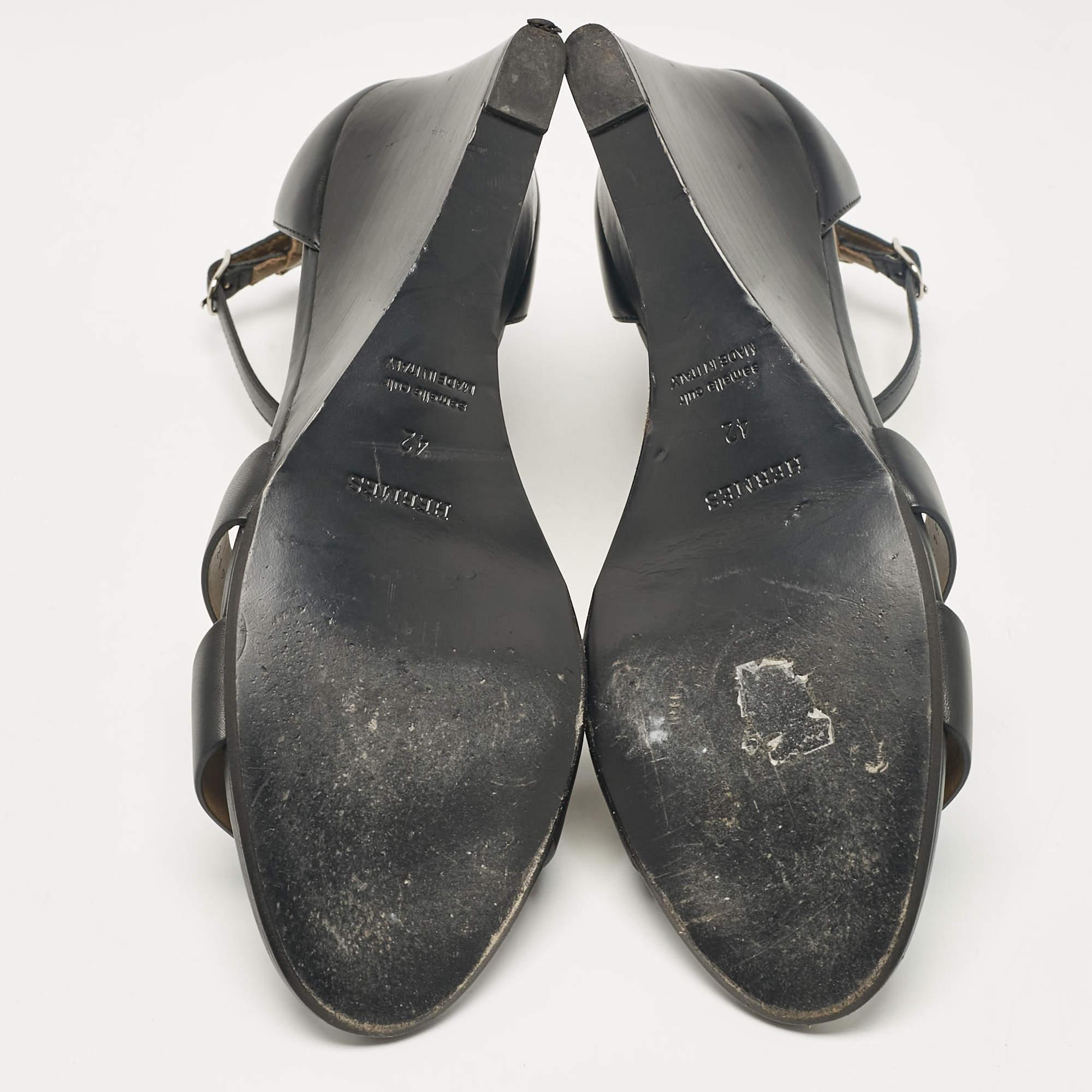 Hermes Black Leather Legend Wedge Sandals Size 42 2