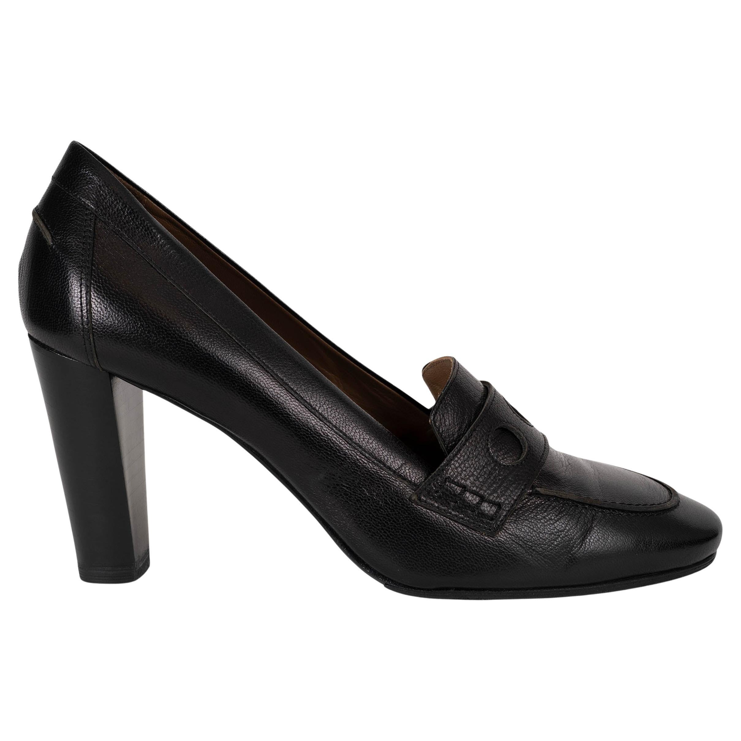 HERMES cuir noir LOAFER STYLE Chaussures 37.5