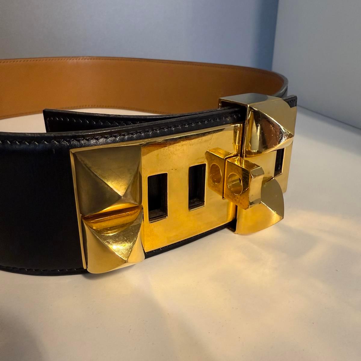 Brown Hermès Black Leather Médor Belt GHW For Sale