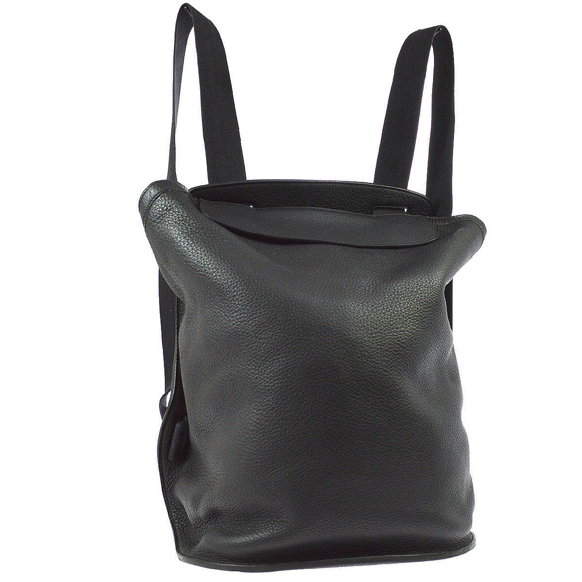 Hermes Black Leather Men's Women's Travel Carryall Shoulder Backpack In Excellent Condition In Chicago, IL
