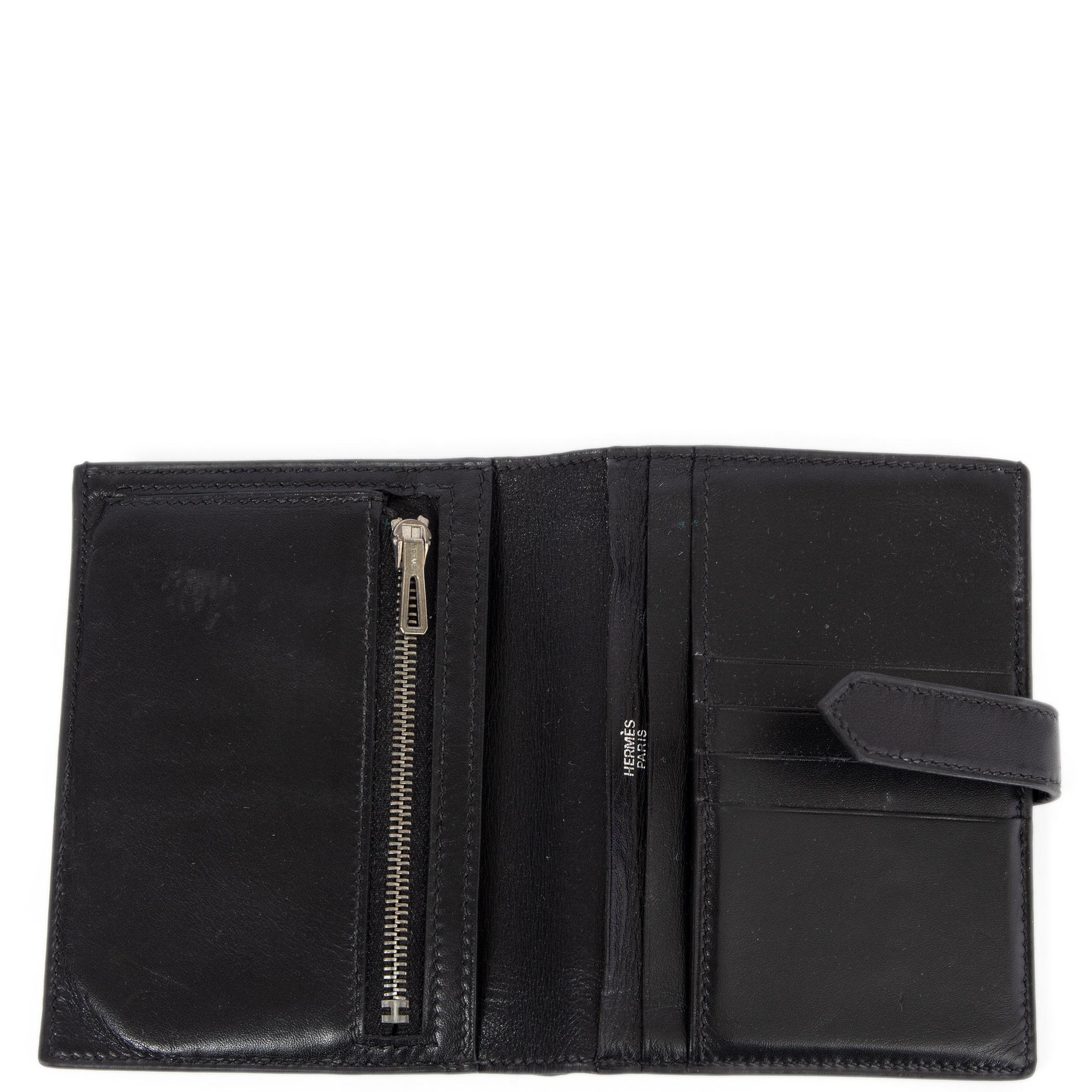 HERMES Miroir BEARN COMPACT Portemonnaie aus schwarzem Leder mit zwei Fächern Damen im Angebot