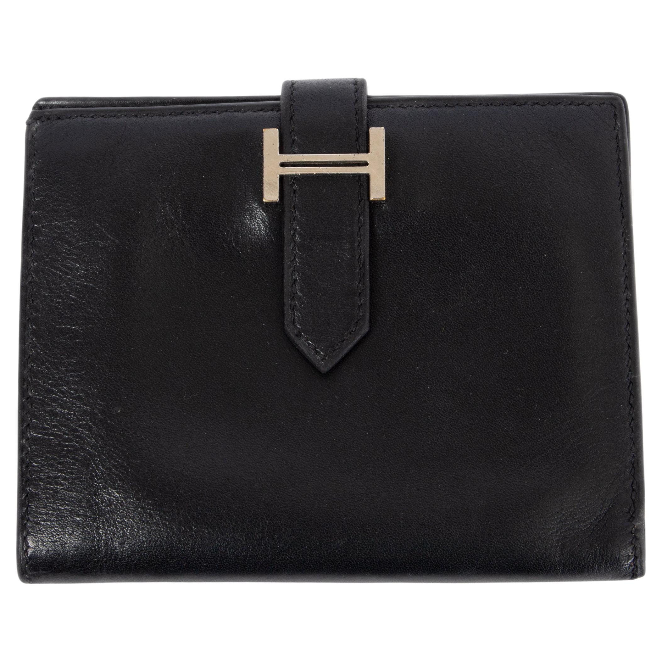 HERMES Miroir BEARN COMPACT Portemonnaie aus schwarzem Leder mit zwei Fächern im Angebot