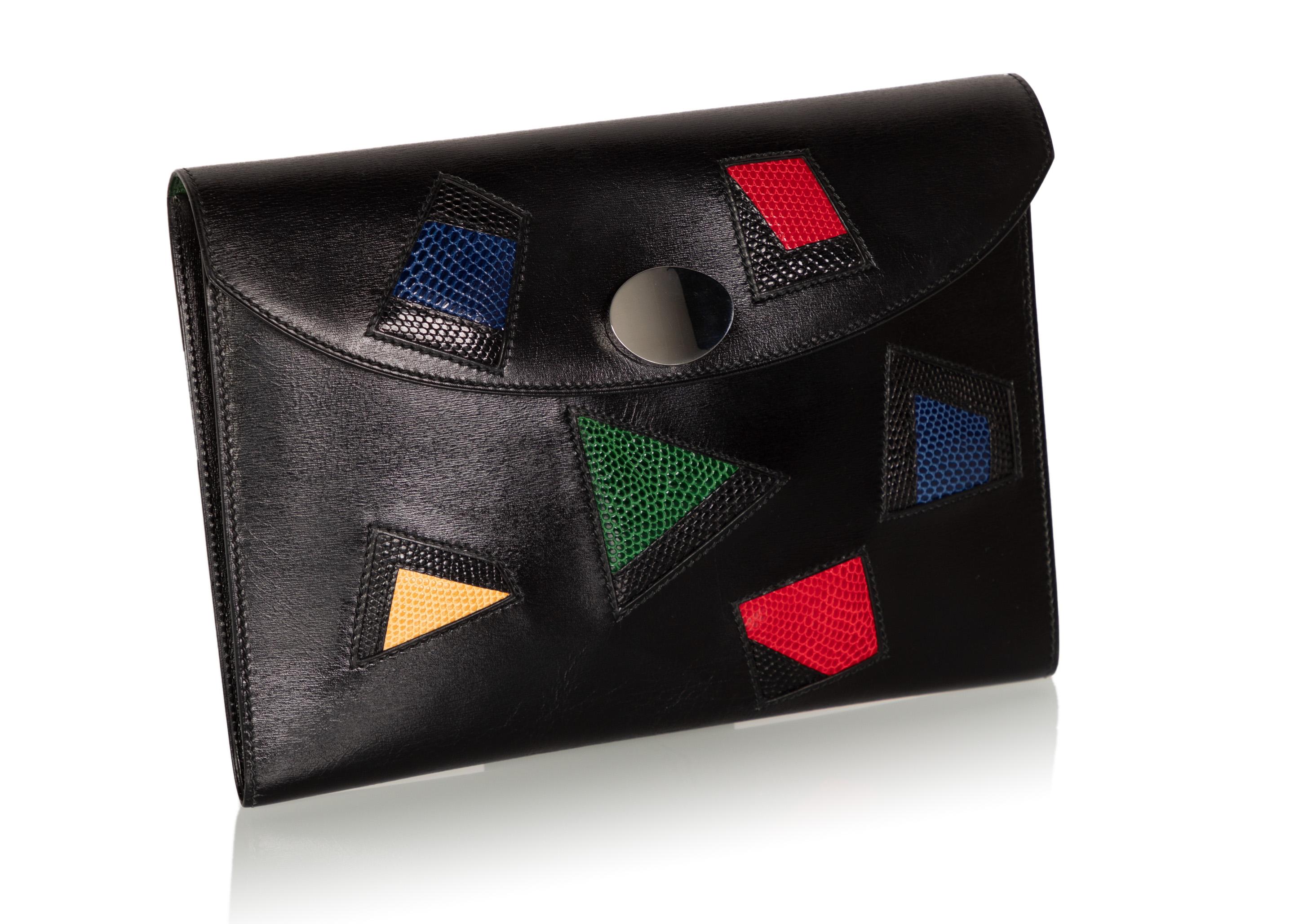 Hermes Black Leather Multicolored Lizard Clutch Rare, 1980s In Excellent Condition For Sale In Boca Raton, FL