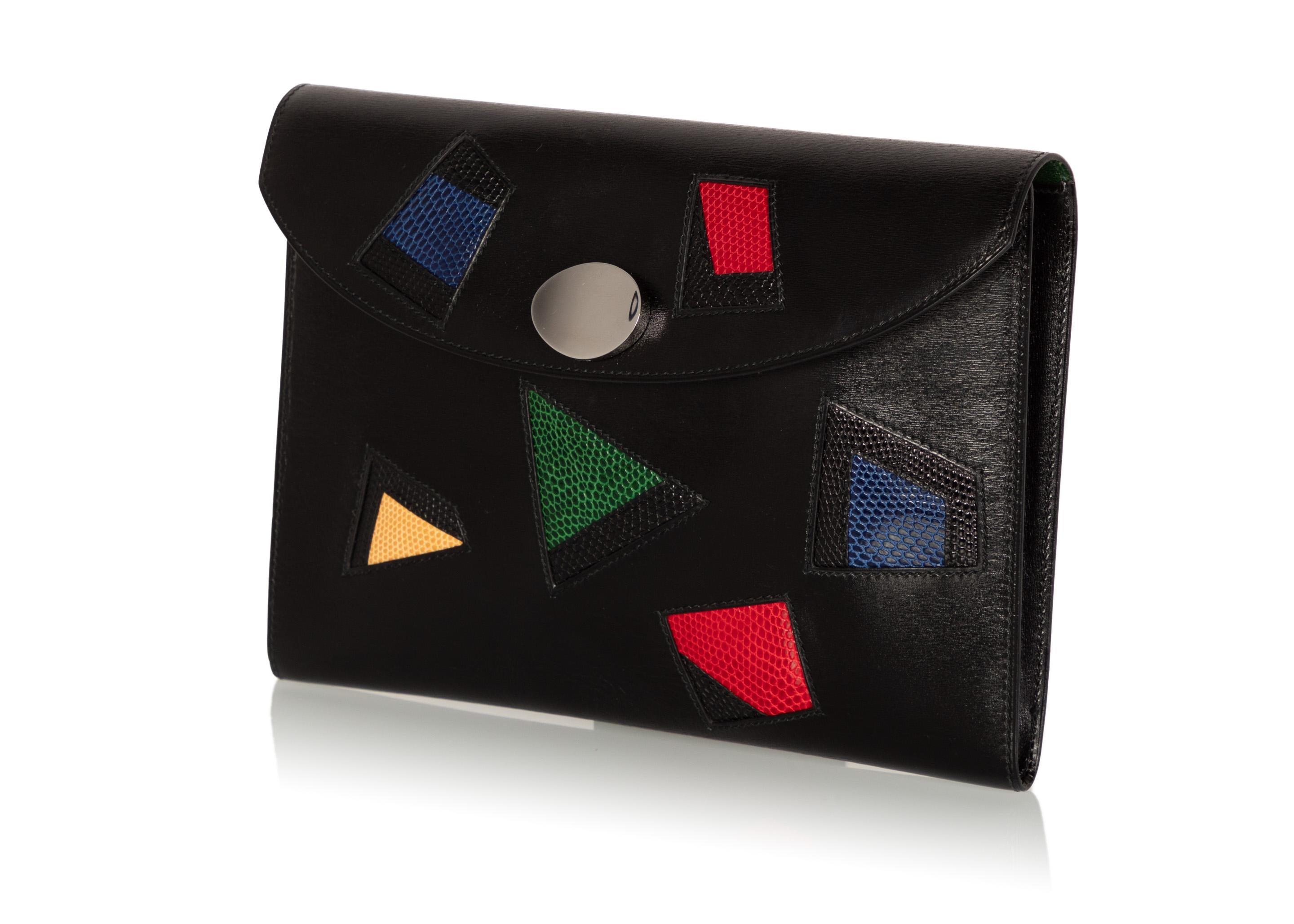 Hermes Mehrfarbige Eidechsen-Clutch aus schwarzem Leder, selten, 1980er Jahre für Damen oder Herren im Angebot