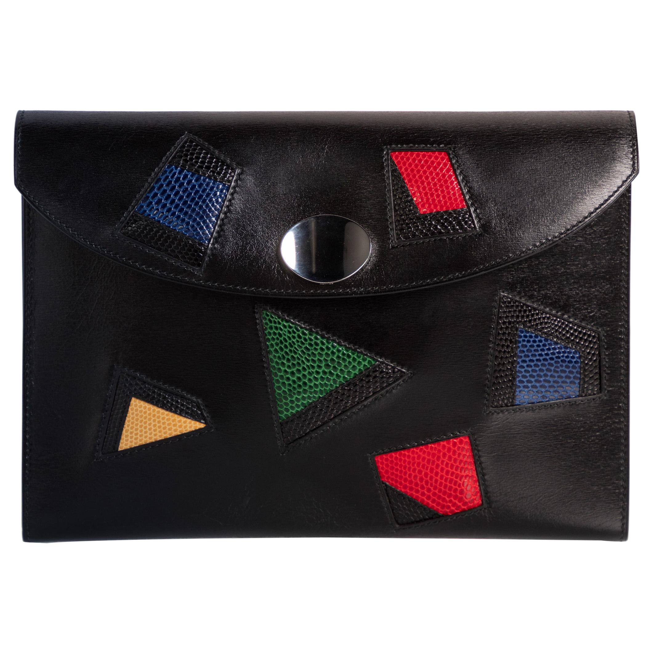 Hermes Black Leather Multicolored Lizard Clutch Rare, 1980s For Sale