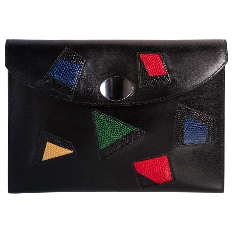 Pochette Vintage En Cuir Patchwork Avec Motif Lézard - Marque Jean Charles - Doublure Velours - Occasion Très Bon état