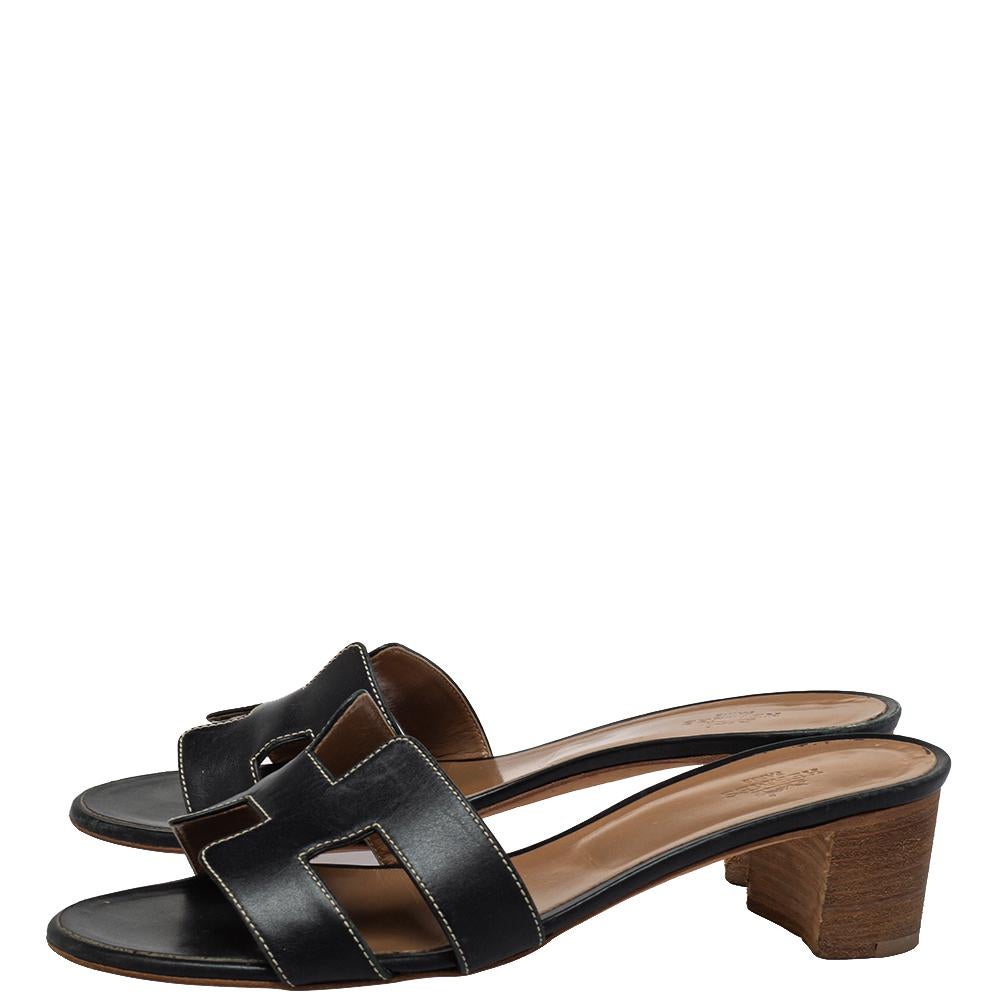 Hermes Schwarz Leder Oasis Slide Sandalen Größe 38 Damen