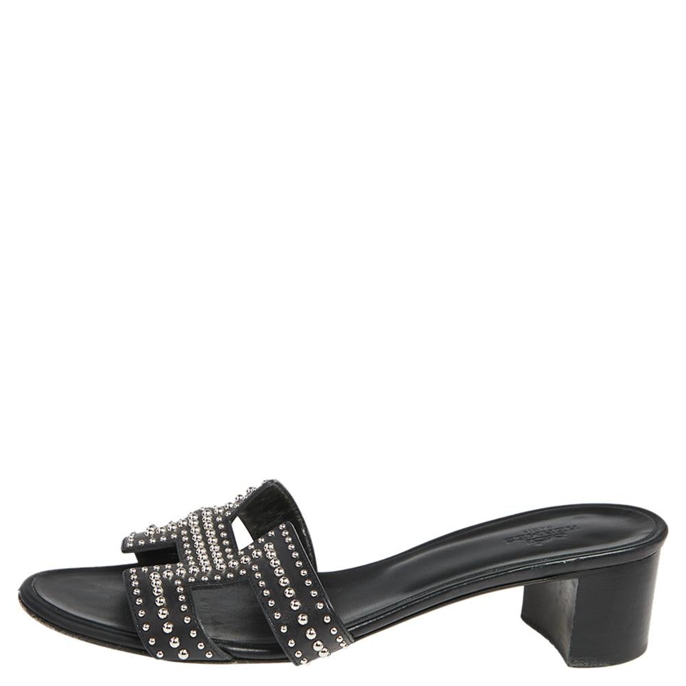 Hermes Black Leather Oasis Slide Sandals Size 38 1