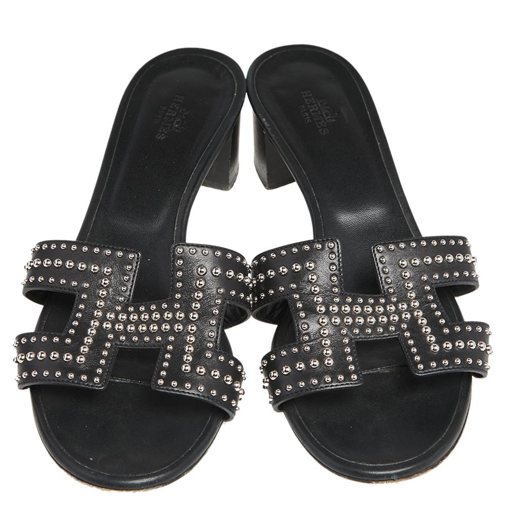 Hermes Black Leather Oasis Slide Sandals Size 38 2
