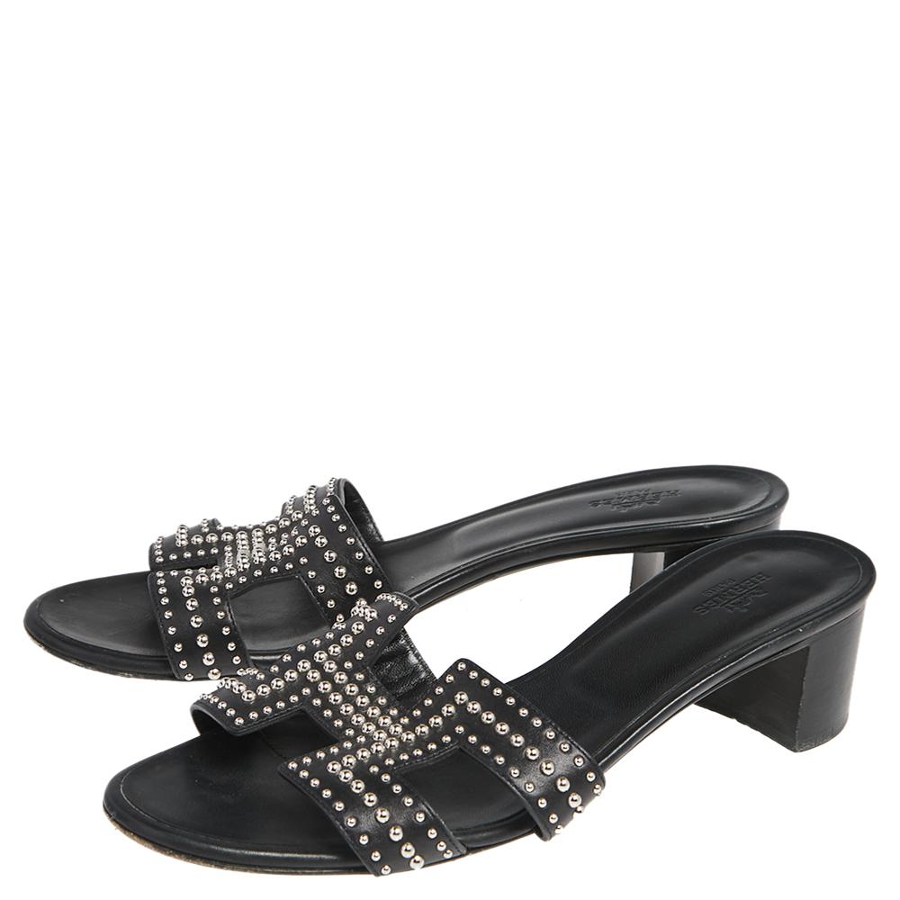 Hermes Black Leather Oasis Slide Sandals Size 38 3