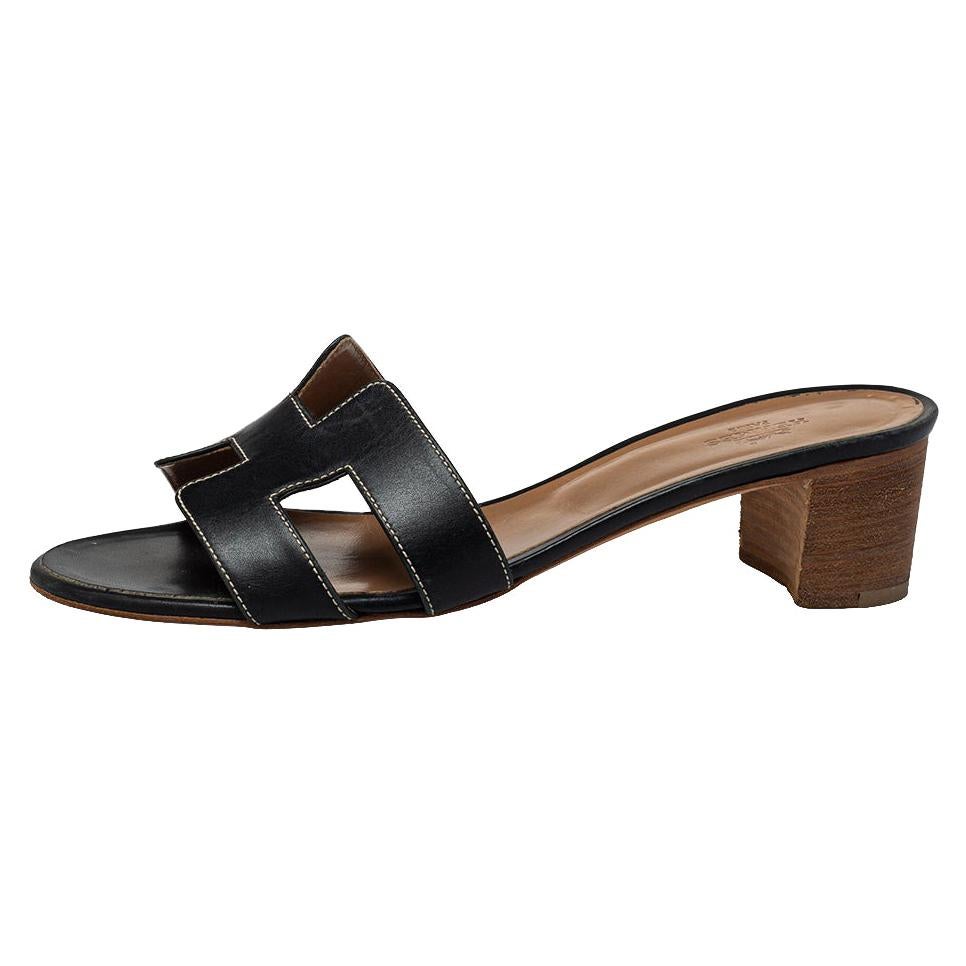 Hermes Black Leather Oasis Slide Sandals Size 38