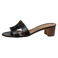 Hermes Schwarz Leder Oasis Slide Sandalen Größe 38