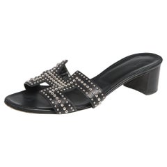 Hermes Black Leather Oasis Slide Sandals Size 38