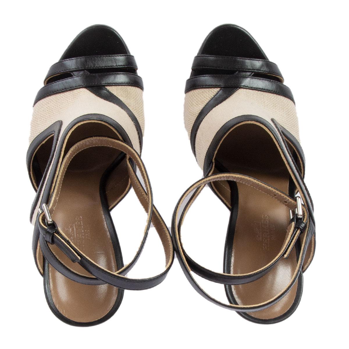 Women's HERMES black leather & off-white canvas RAFAELLA Sandals Shoes 38 For Sale