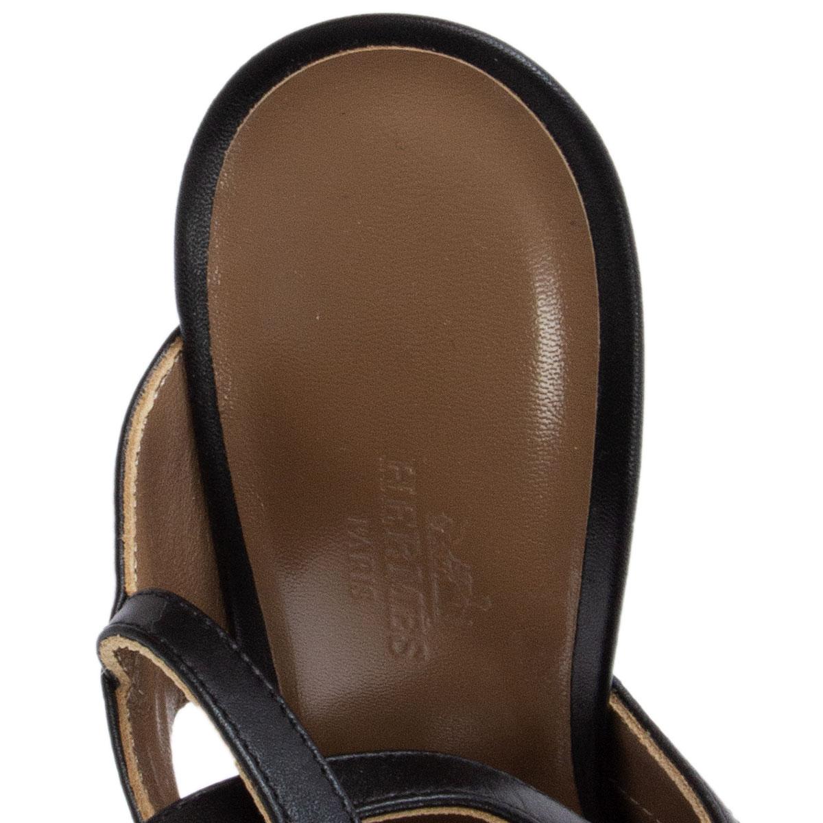 HERMES black leather & off-white canvas RAFAELLA Sandals Shoes 38