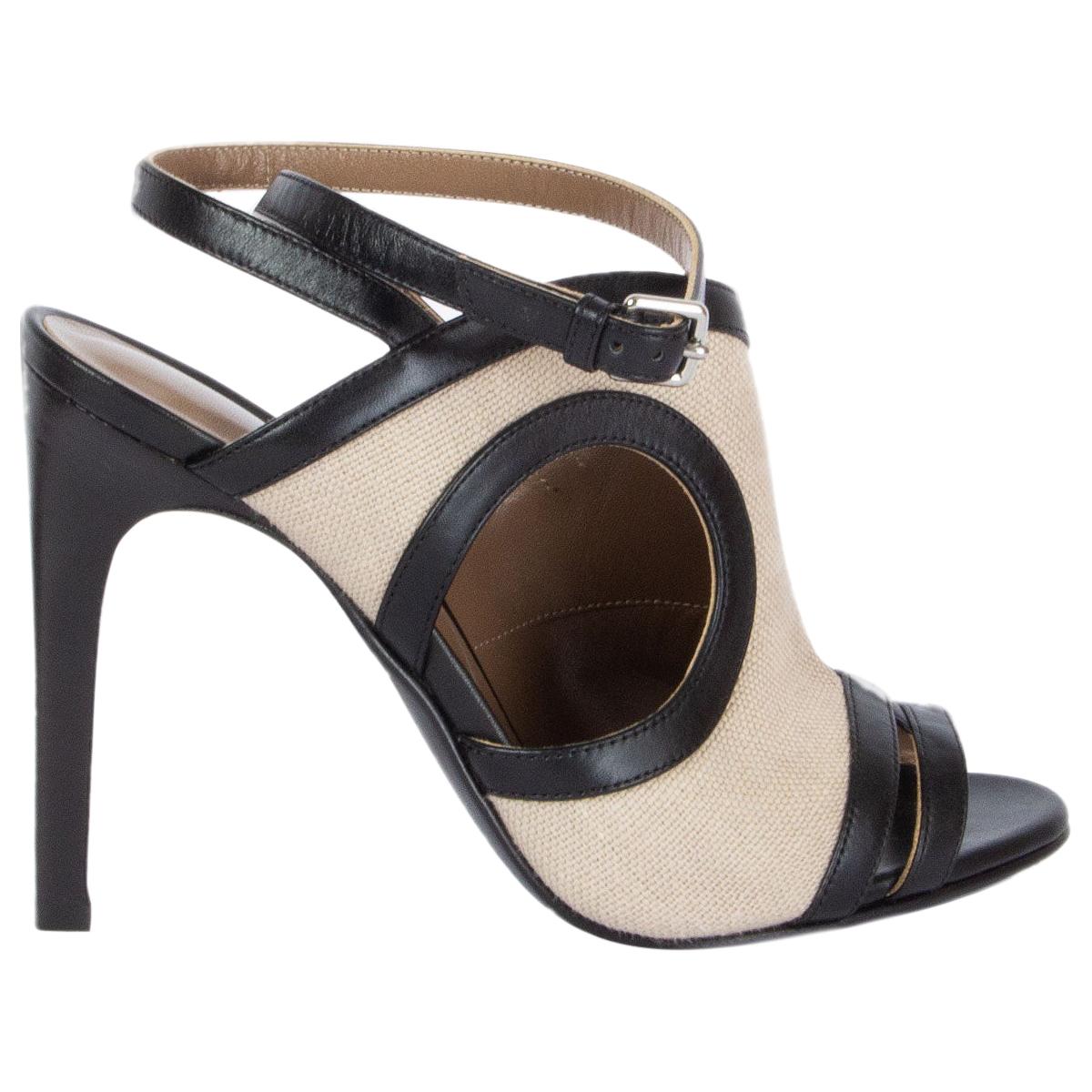 HERMES black leather & off-white canvas RAFAELLA Sandals Shoes 38 For Sale